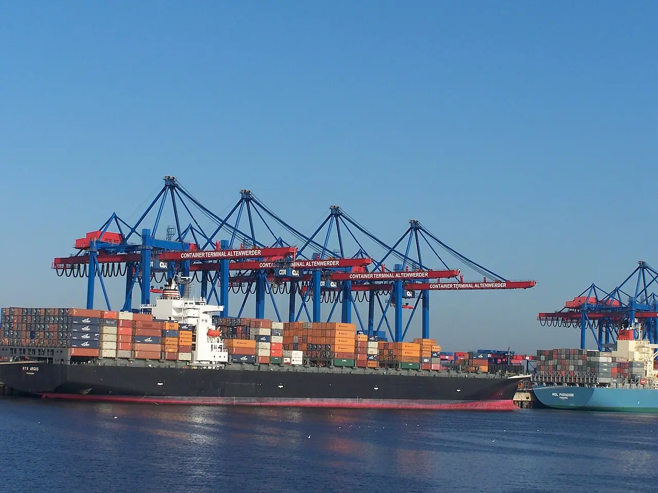 Container ship under cranes at a port terminal